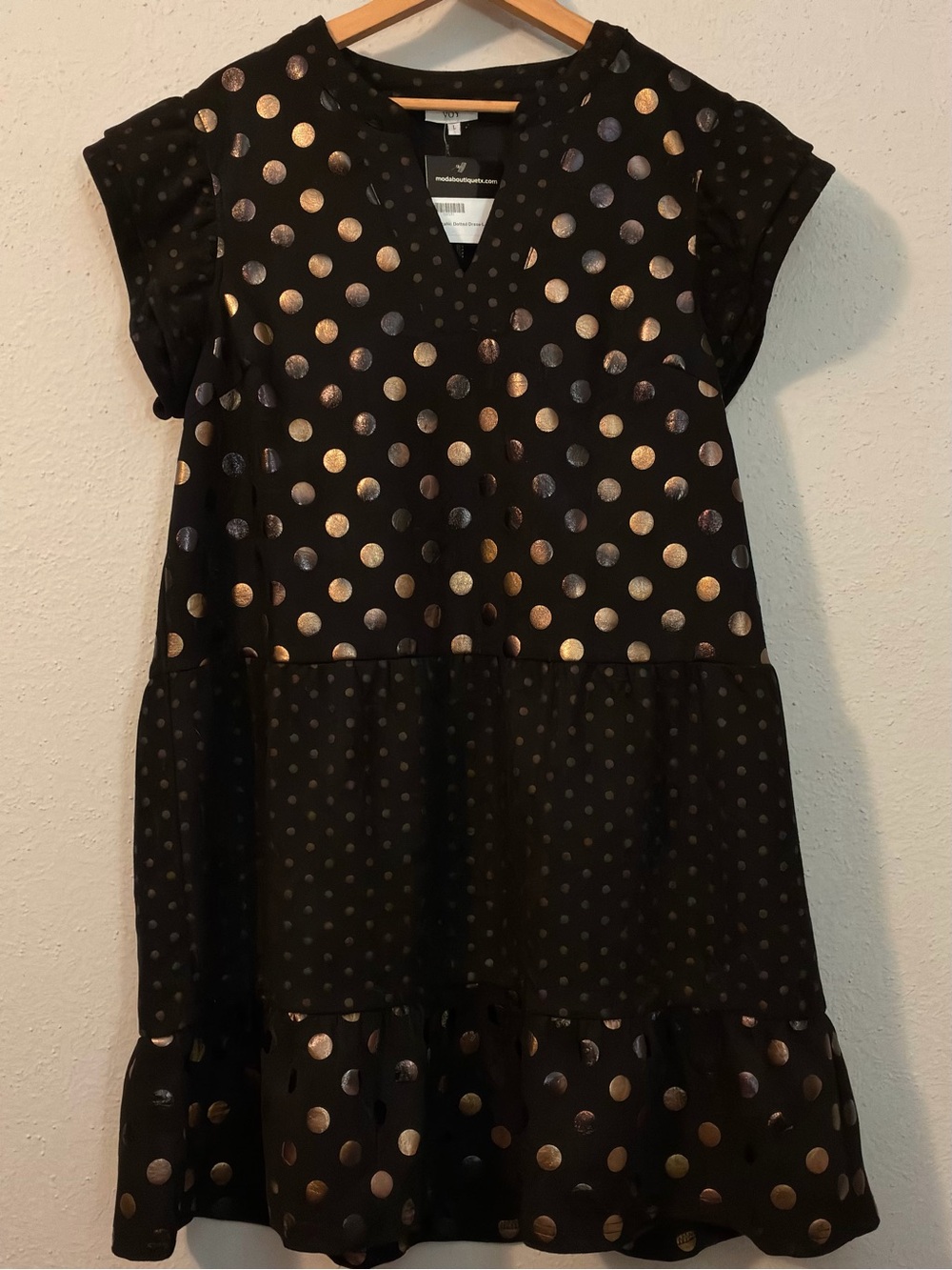 VOY Metallic Polka Dot Tiered Mini Dress